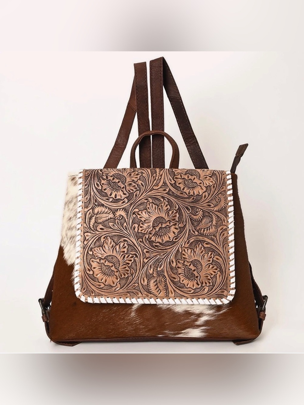 Western Backpack Handcrafted Brown Floral Tooled Leather Backpack